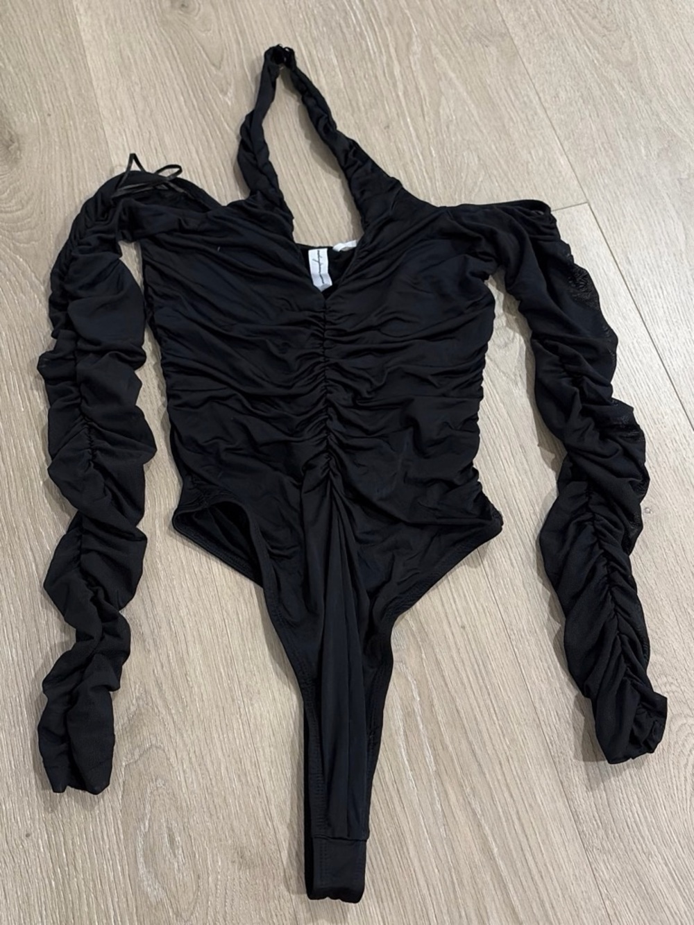 Urban Outfitters Black Ruched Long-Sleeve Halter Bodysuit